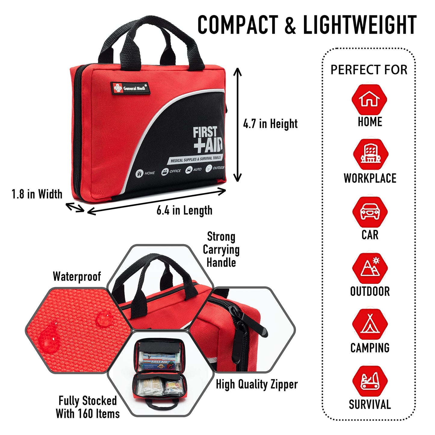 First Aid Kit -160 Pieces Compact and Lightweight - Including Cold (Ice) Pack, Emergency Blanket, Moleskin Pad,Perfect for Travel, Home, Office, Car, Camping, Workplace (Red)