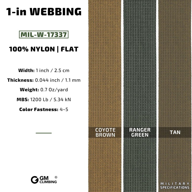 GM CLIMBING MIL-W-17337 Nylon Webbing Flat MilSpecs 1200Lbs for Tactical Goods, Backpack Straps, Loops, Slings, PALS MOLLE Webbing Adapter 1 inch x 30Ft / 10 Yards Ranger Green
