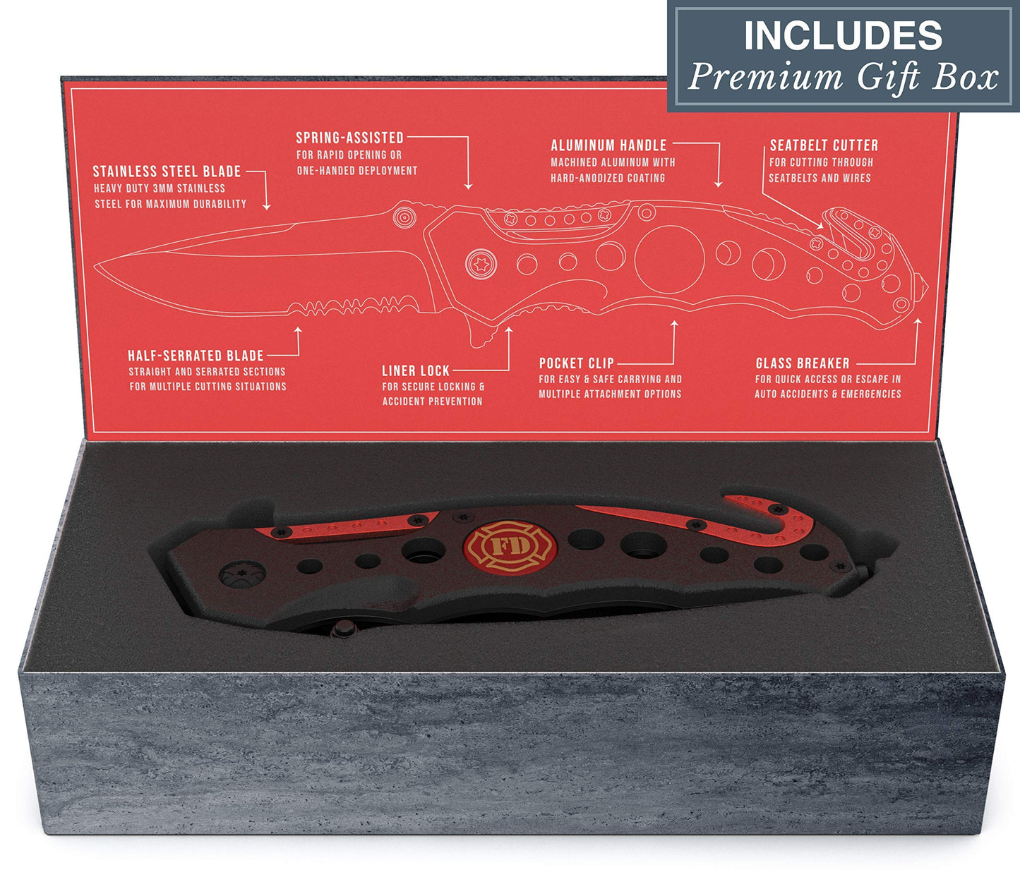 Swiss Safe 3-in-1 Tactical Knife for Military and First Responders - Fire Department Red