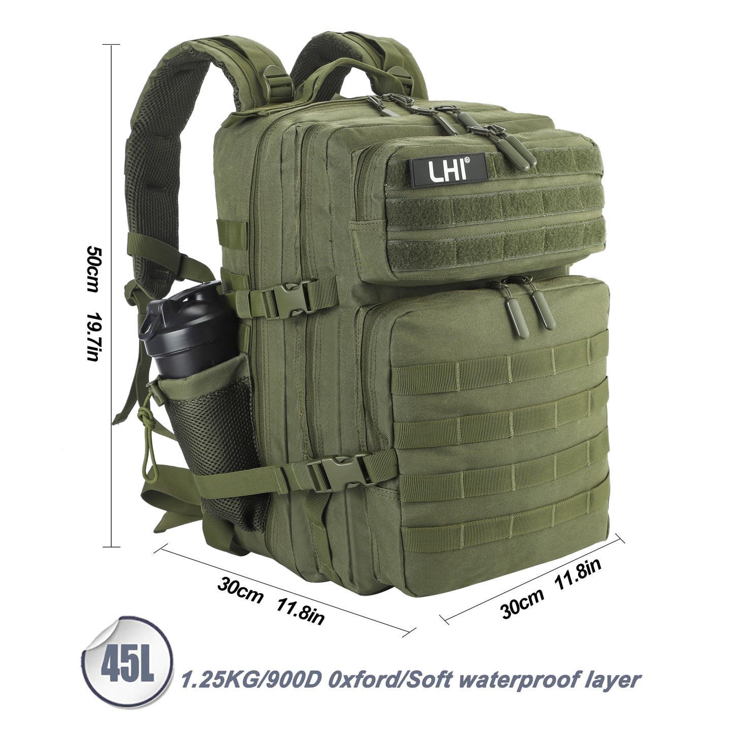 LHI Military Tactical Backpack for Men and Women 45L Army 3 Days Assault Pack Bag Large Rucksack with Molle System - Green