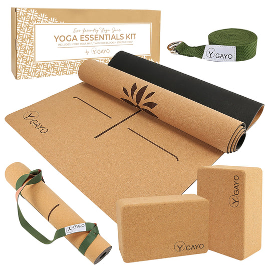 Premium Cork All-in-One Yoga Essentials Kit -Large Cork Yoga Mat and Blocks Set with Carry Strap and Alignment lines, 10ft Yoga Stretch Strap, Your Ultimate Eco-Friendly Yoga Starter Set