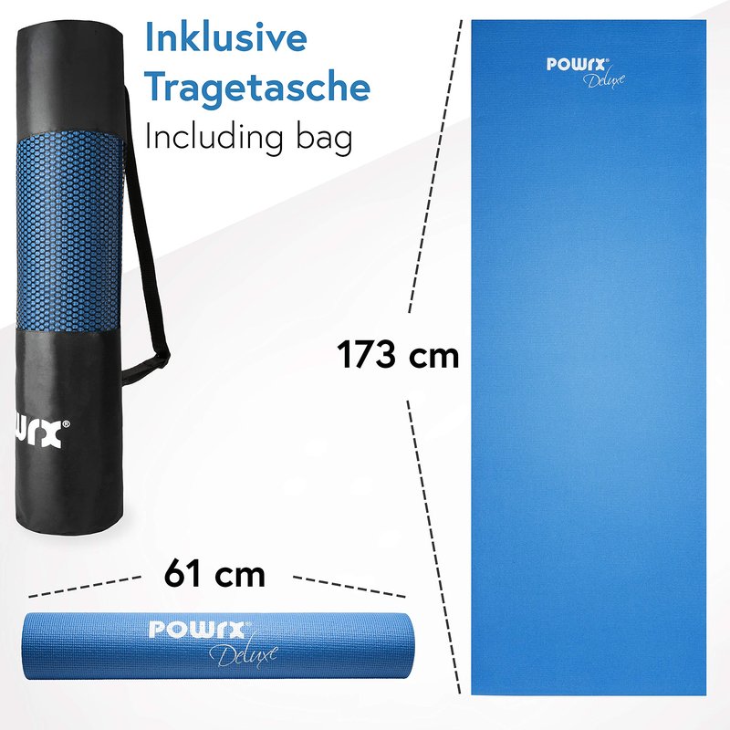 POWRX Extra-Thick Exercise Yoga Mat | Non-Slip Surface | Versatile Workout | Pilates Mat | Travel-Friendly Design with Strap | Ideal for Stretching and Training | 173 x 61 x 0.4 cm | Royal Blue