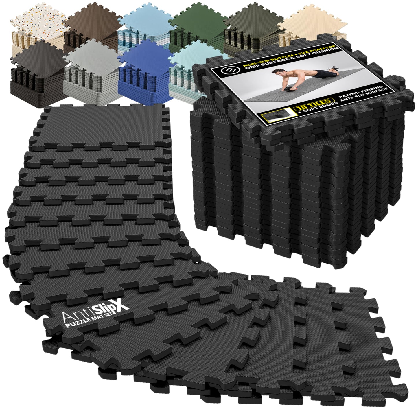 bemaxx Gym Mats Set - 18 pcs EVA Interlocking Foam Floor Tiles (12.6"x12.6"x0.4") 18sqft Protective Gym Flooring Sports Home Workout Exercise Mats Puzzle Garage Fitness Play-Room Pool Treadmill Bike