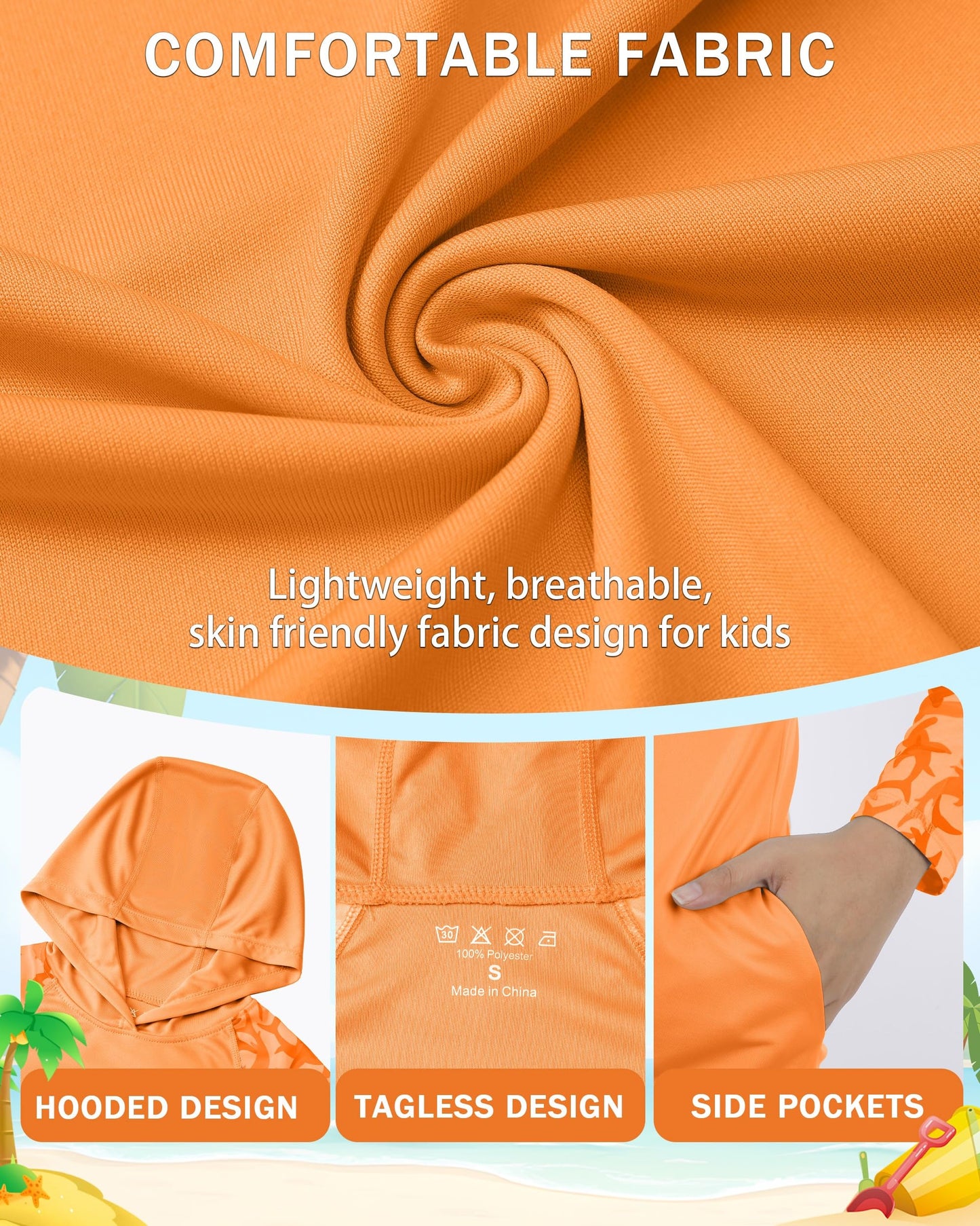 DRONIRING Boys Rash Guard Swim Hoodie, UPF 50+ UV Sun Protection Long Sleeve Fishing Shirt, Kids Youth SPF Water Shirts Orange