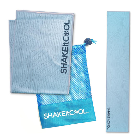 SHAKEitCOOL Cooling Towel – Be Cool in Style - Heat Relief, Soft, Lightweight, Sun Protection, Easy Clean - Perfect for Biking, Hiking, Running, Yoga, Golf, Gym, Baseball, Gardening - Blue Wave