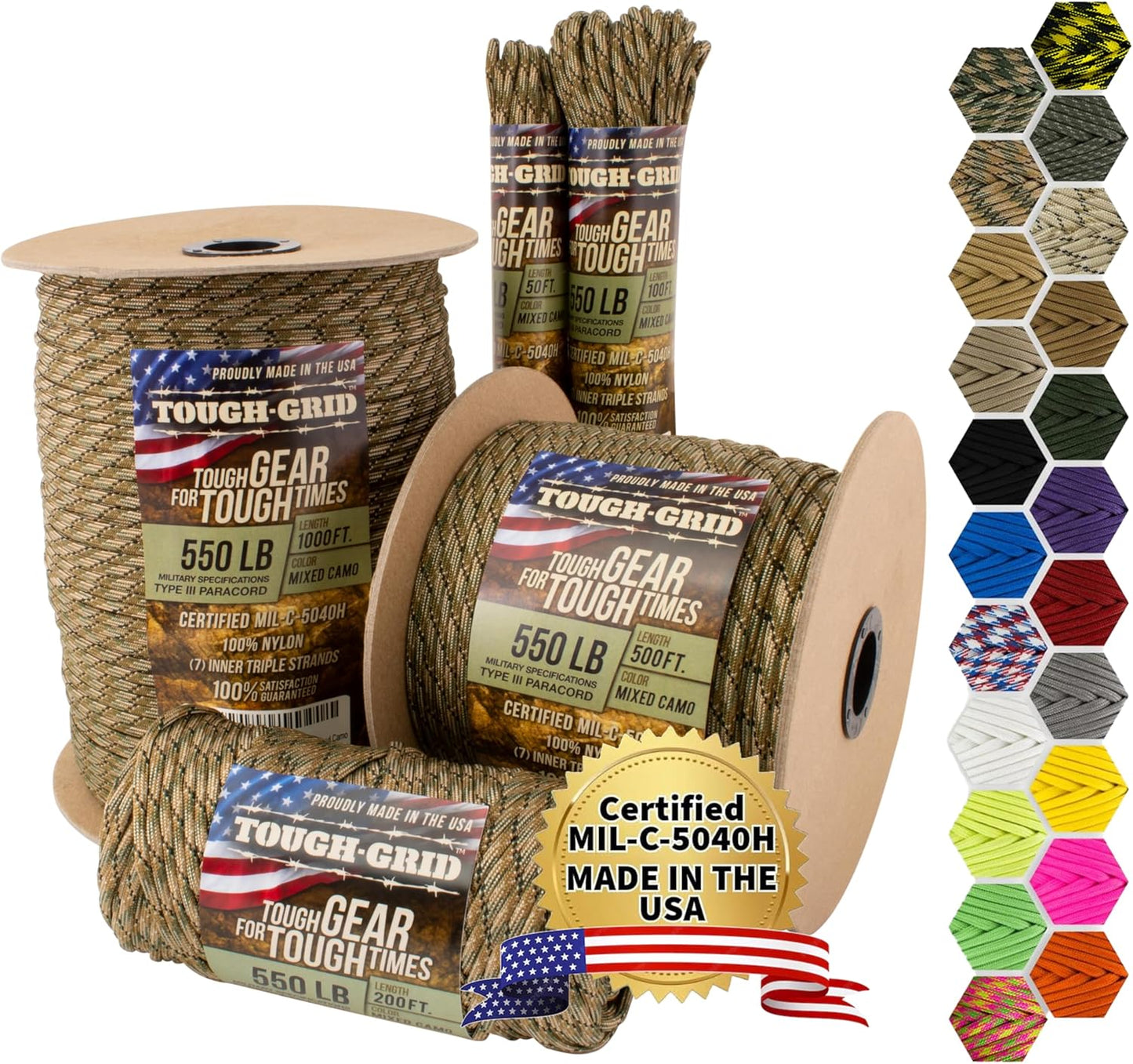 TOUGH-GRID 550 Paracord Rope - Durable Nylon Survival Cord for Camping & Tactical Gear | Made in USA