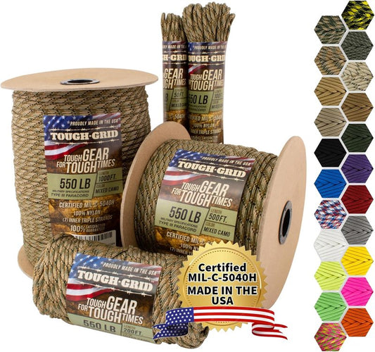 TOUGH-GRID 550 Paracord Rope - Durable Nylon Survival Cord for Camping & Tactical Gear | Made in USA