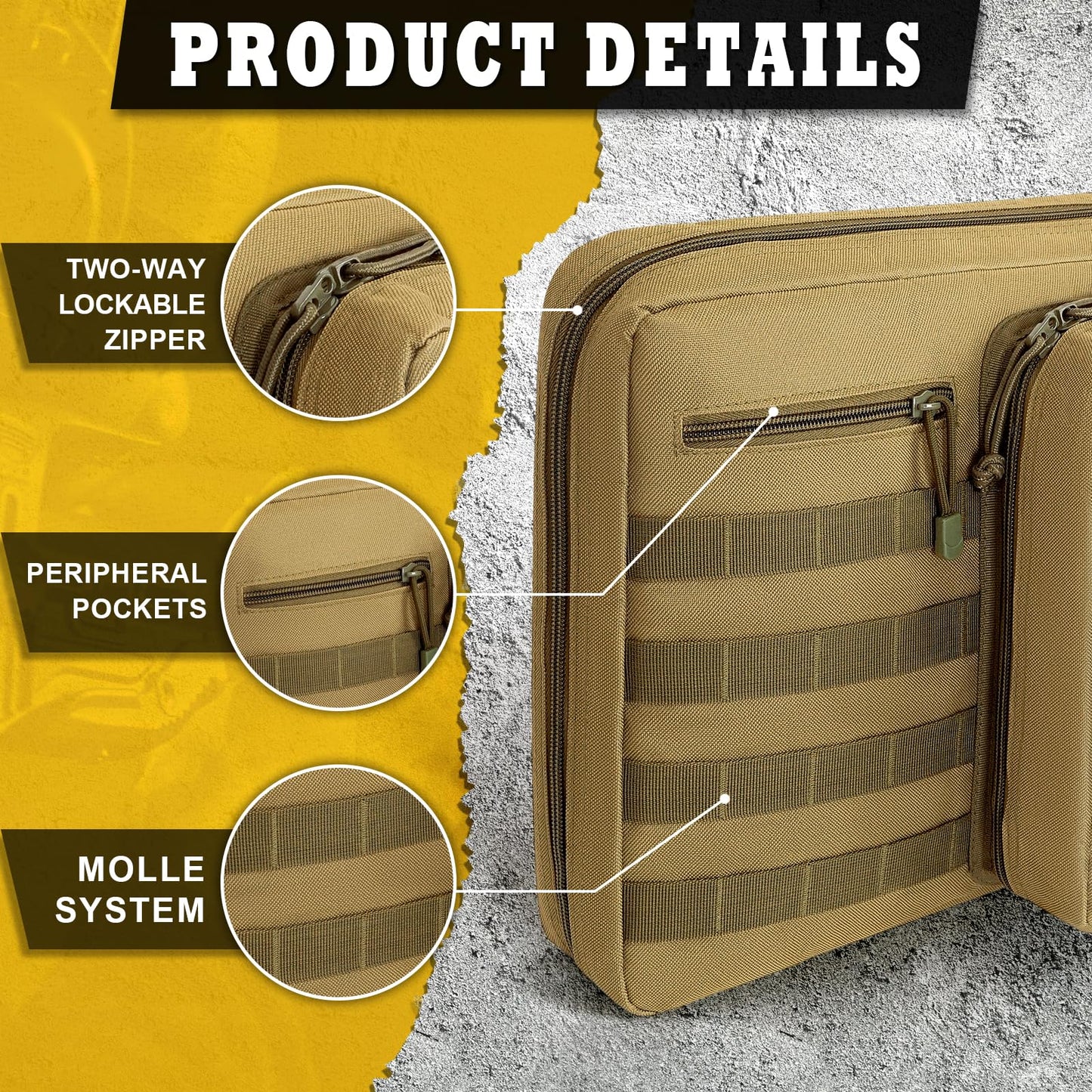 DULCE DOM Double Rifle Case, Soft Tactical Backpack for Hunting Shooting Range, Dual Storage Gun Bag for 2 Rifles & Pistols with Lockable Zippers & MOLLE System(Khaki, 42", Stowaway Backpack Straps)
