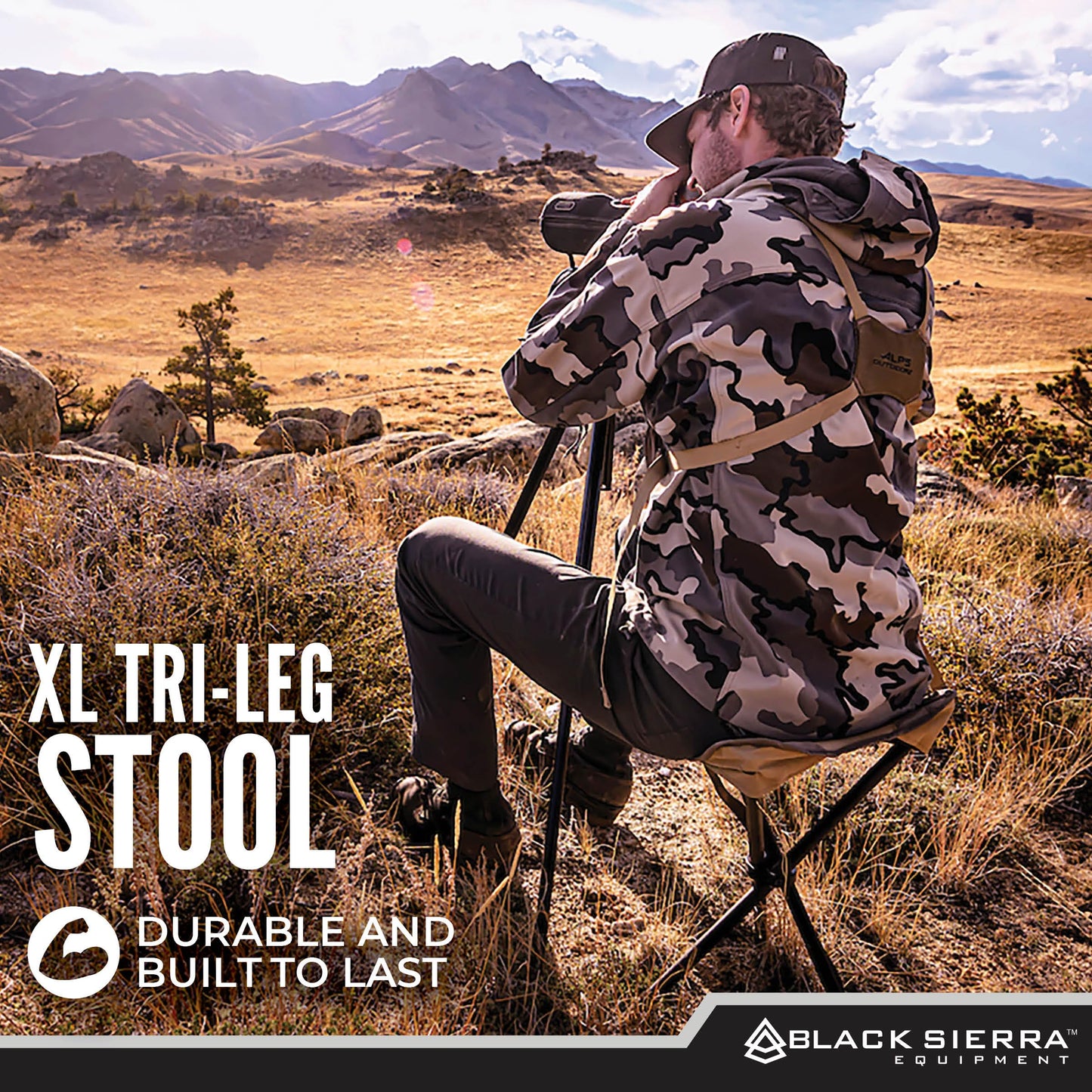 Black Sierra Folding Hunting Stool w/Shoulder Strap Supports 225 lbs, Lightweight Collapsible Tripod Seat, Foldable Steel Frame Chair Perfect for Hunting Blind, Fishing, Hiking, Travel