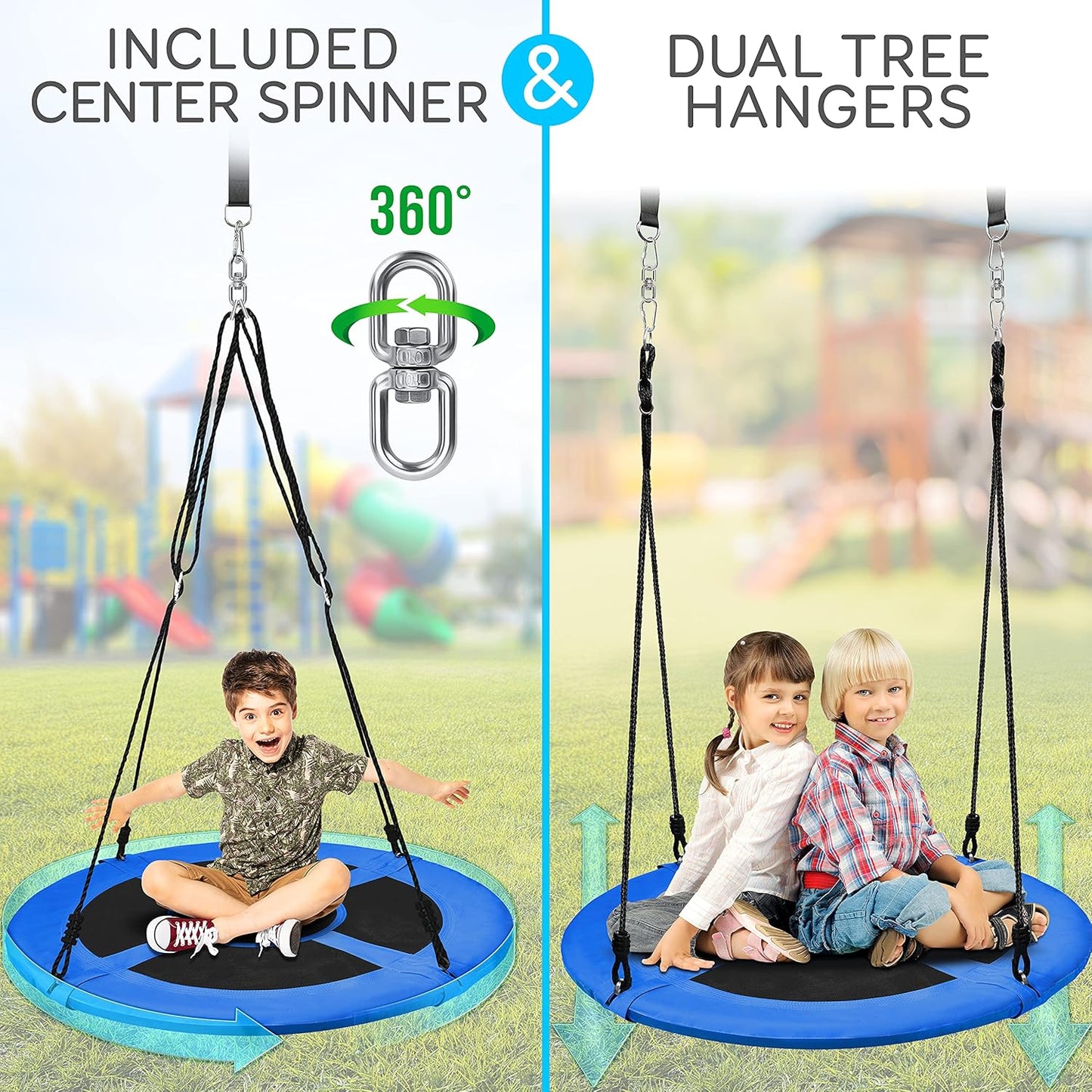 SereneLife Outdoor Tree Swing - 40” Saucer Swing with Adjustable Ropes & Center Swivel Spinner for Kids | Blue