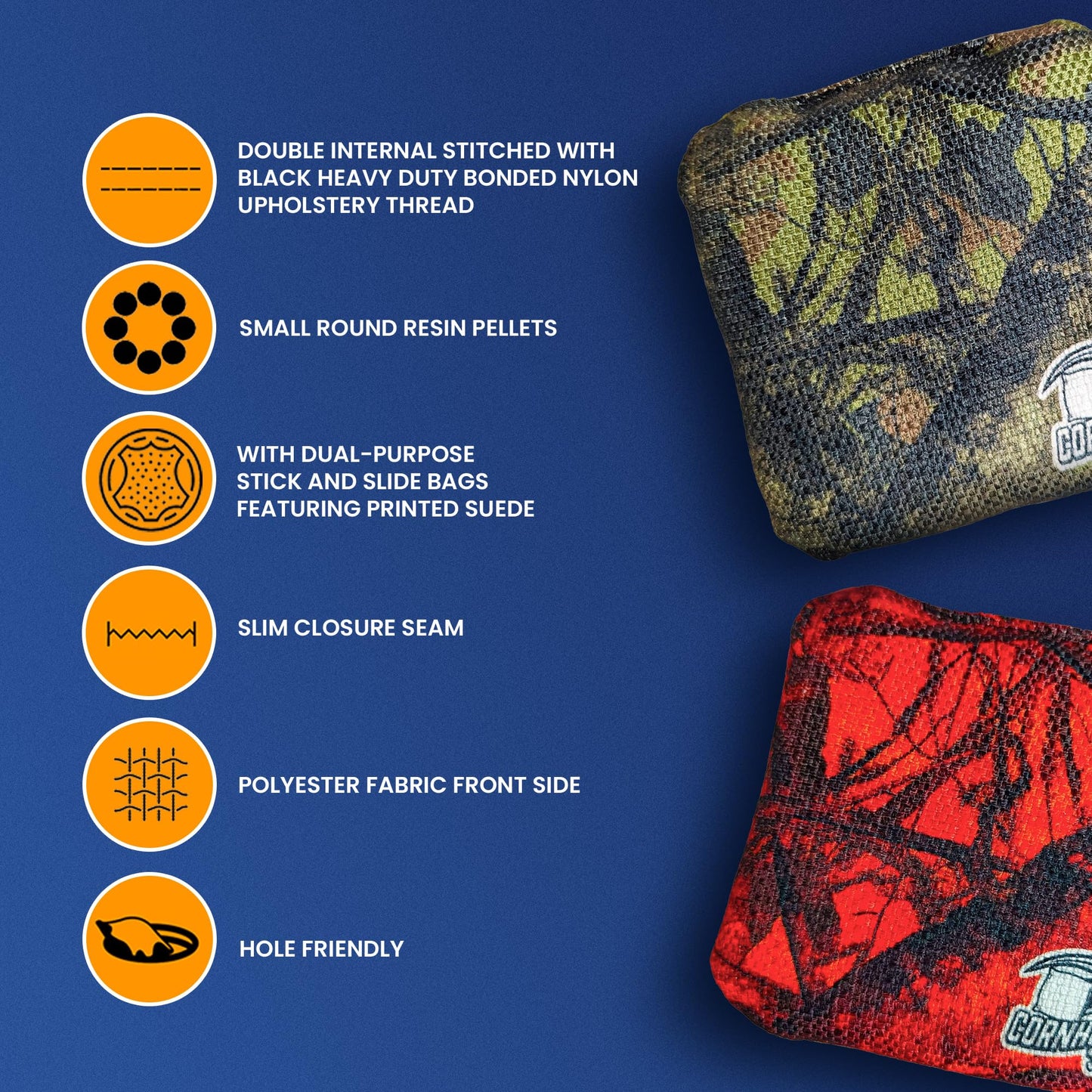 Cornhole365 Themed Cornhole Bags - 6"x6" All Weather Dual-Sided Slick & Stick - Plastic Resin Cornhole Bean Bag Filler & Suede - Dual Stitched for Sports Competition - Hunting Camo - Set of 8