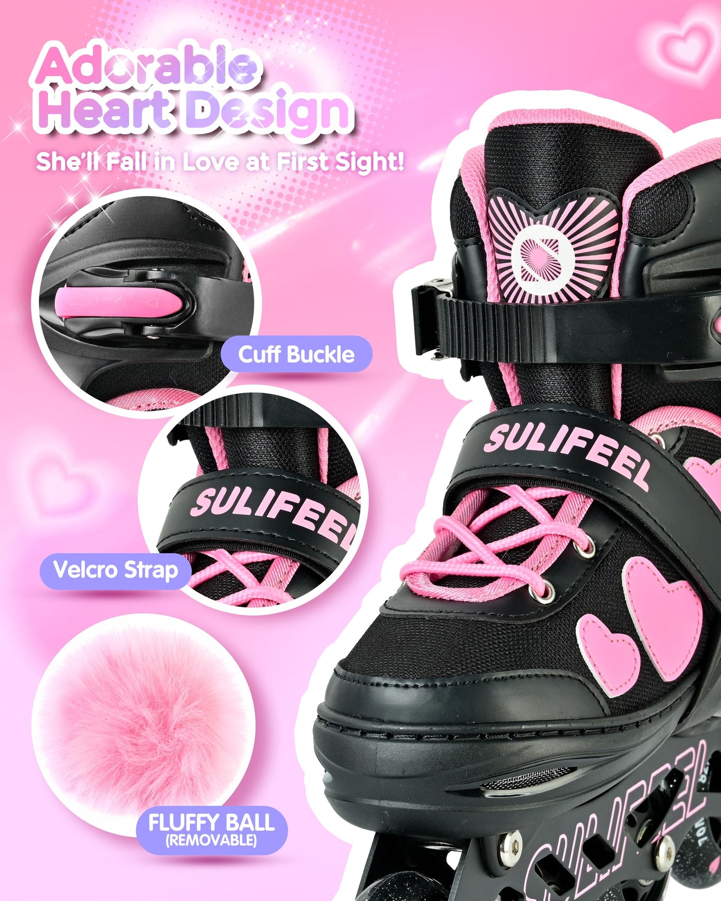 SULIFEEL Love Hearts 4 Size Adjustable Kids Inline Skates for Girls with Fluffy Pom Light Up Wheels Ages 3-12 Girls Birthday Gift for Indoor Outdoor Sports