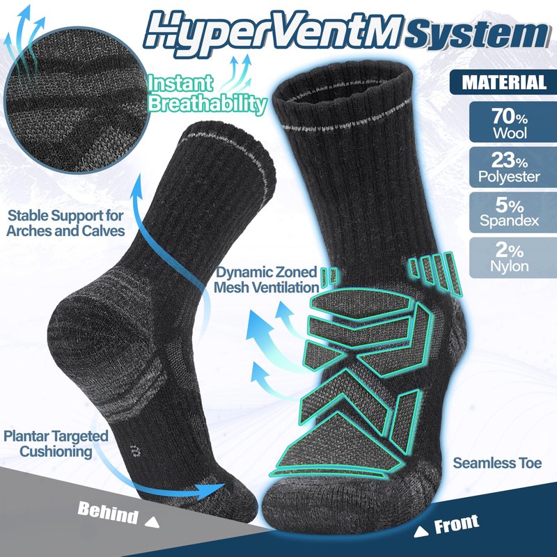 ANTSANG Merino Wool Hiking Socks, Enhanced Breathability, Targeted Cushion Thermal Socks for Men and Women, 5 Pairs(Black, L)