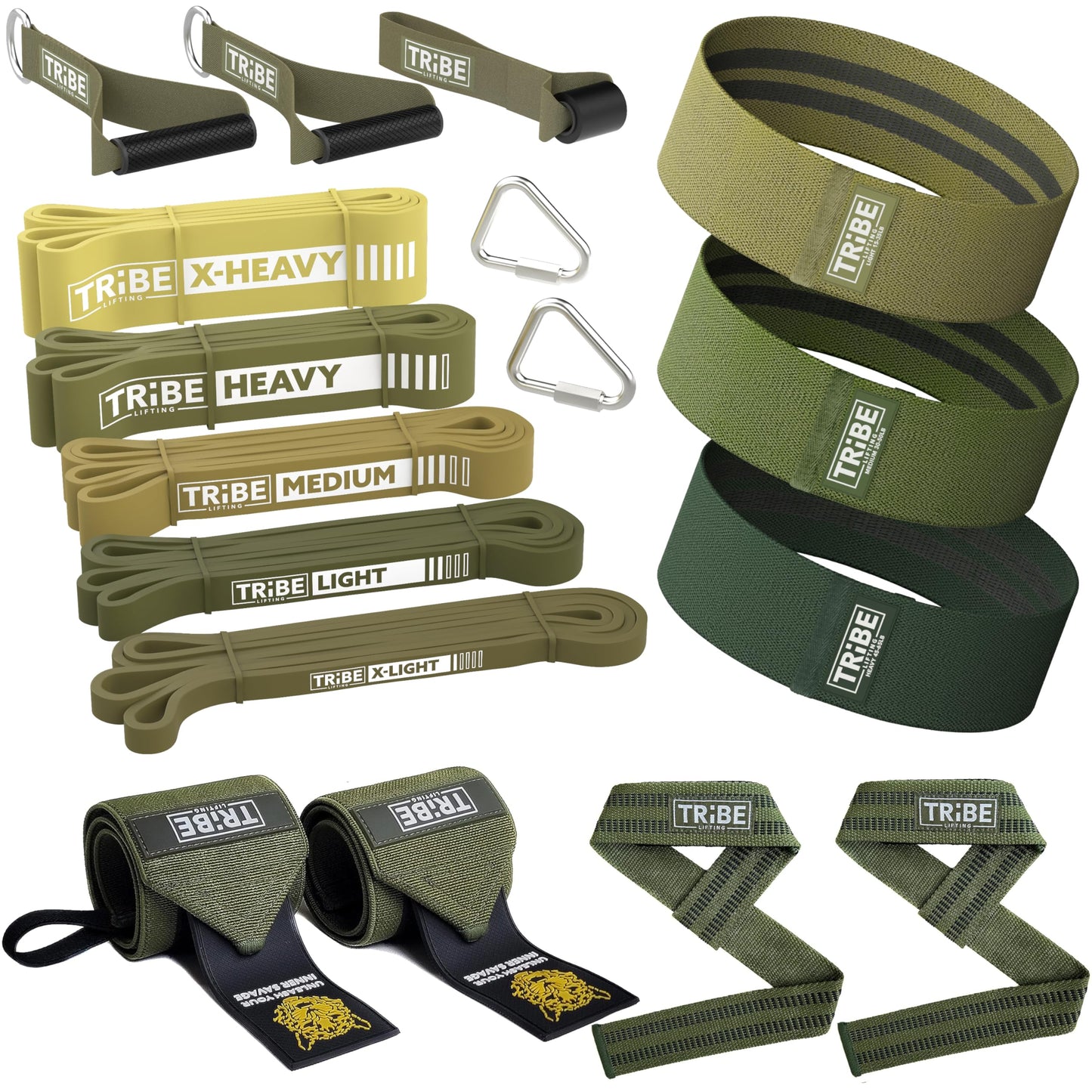 Workout Set of 5 Pull-Up Bands, Rubber Handles, Door Anchor, 3 Fabric Resistance Bands, Wrist Wraps and Wrist Straps (Green)