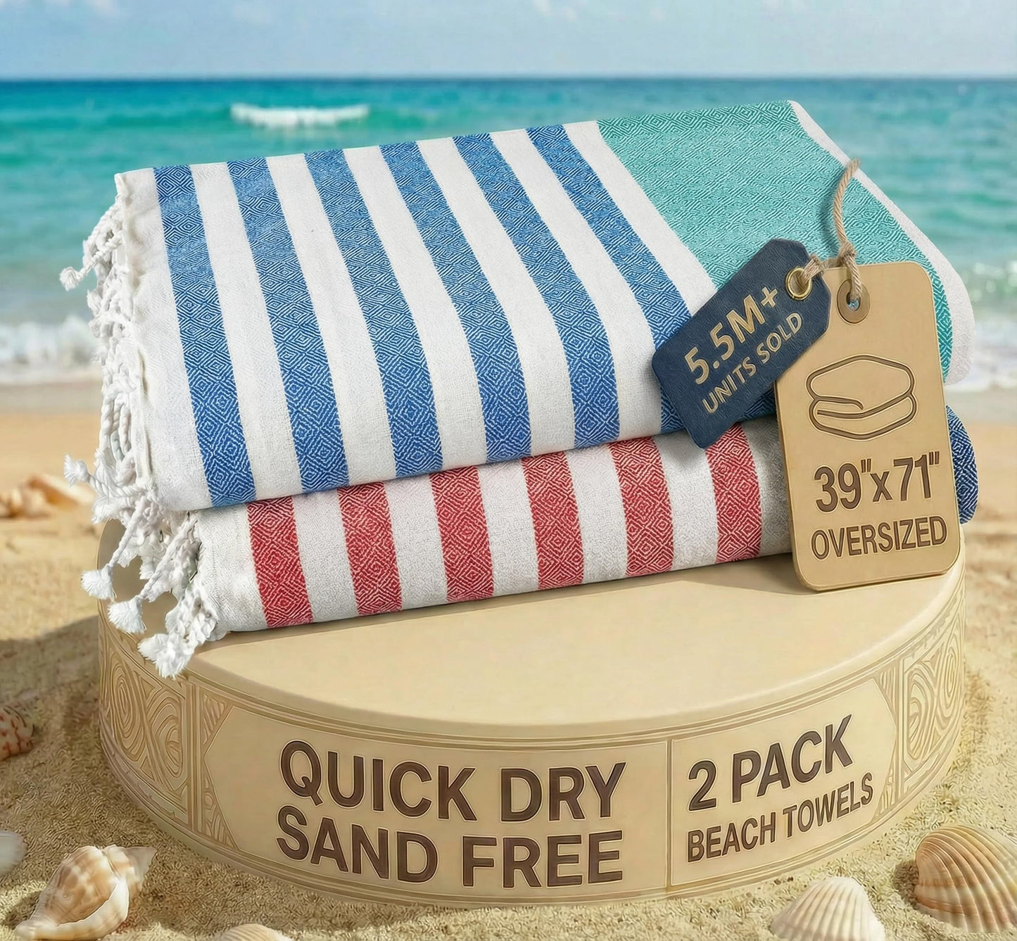 LANE LINEN 2 Pack Large Beach Towels, Oversized, 39"x71" - Old Glory Teal