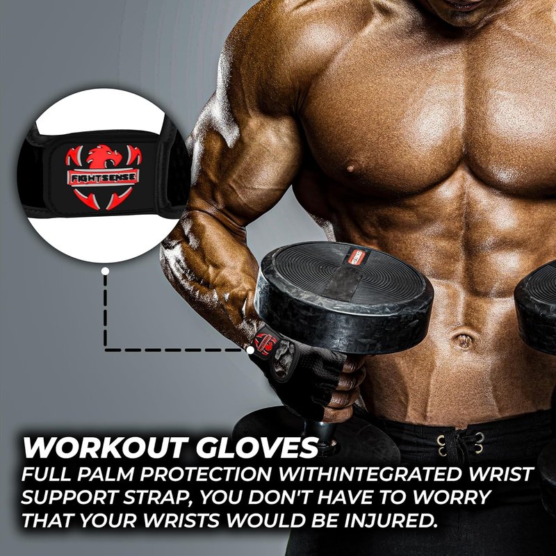 FIGHTSENSE Workout Gloves - Non-Slip Silicon Padded Palm, Breathable Weightlifting & Gym Gloves for Men & Women | Lightweight Design