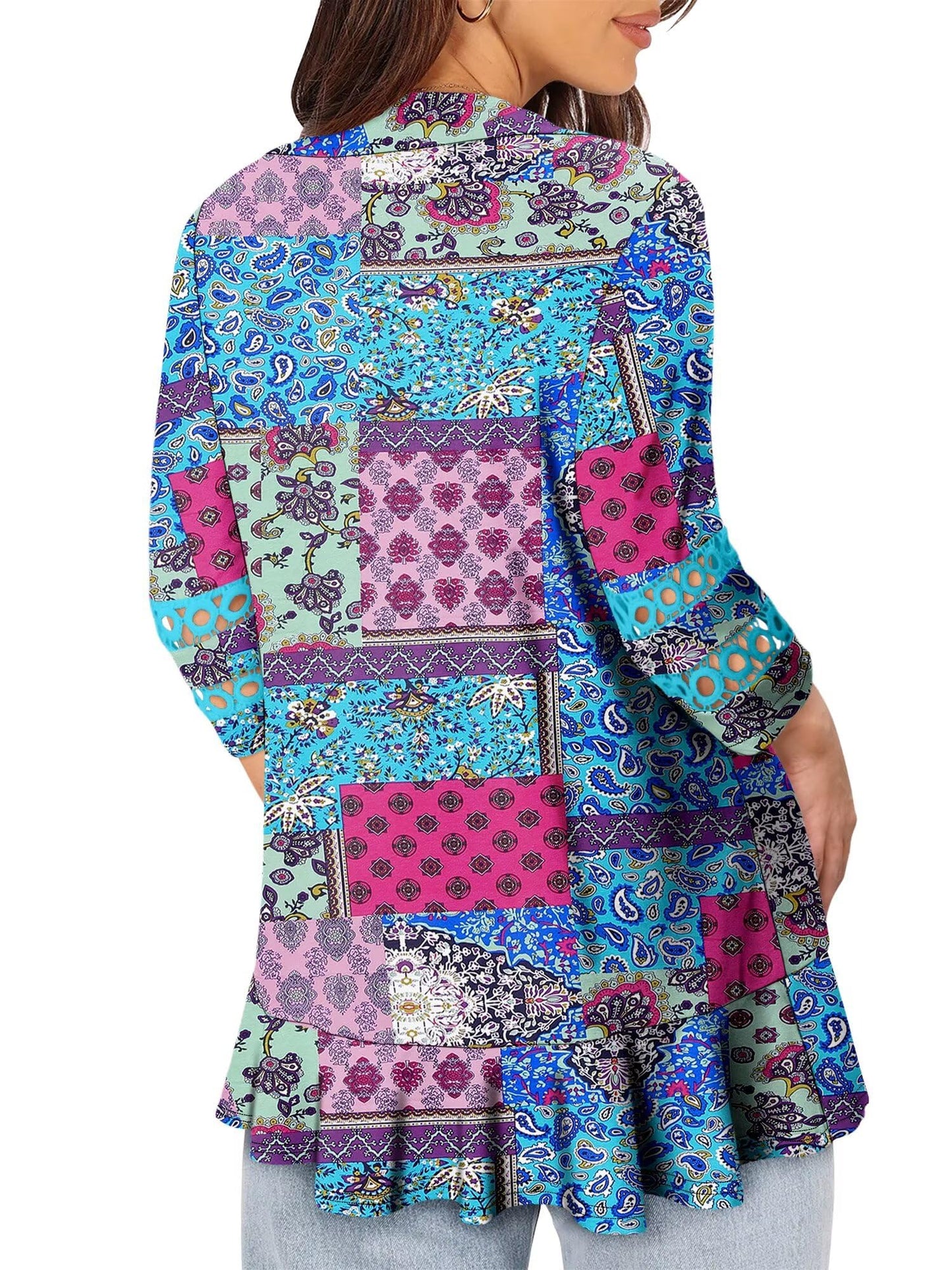 Women's Open Front Cardigan Dressy 3/4 Sleeve Summer Soft Draped Cardigans Blue Print Outwear Large