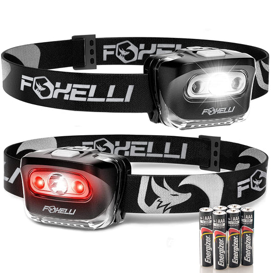 Foxelli LED Headlamp Flashlight for Adults & Kids, Running, Camping, Hiking Head Lamp with White & Red Light, Lightweight Waterproof Headlight with Comfortable Headband, 3 AAA Batteries Included