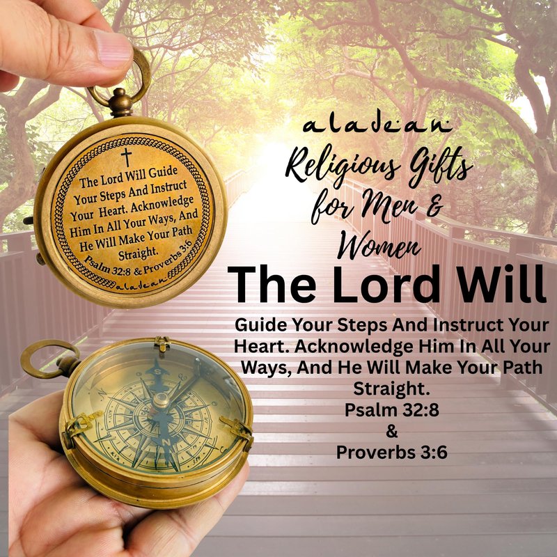 ALADEAN Religious Christian Gift Compass - The Lord Will Guide | Uplifting Baptism Gift - Communion 2025 Graduation 2026 Confirmation Gifts (# 7cm with Premium Leather Case)