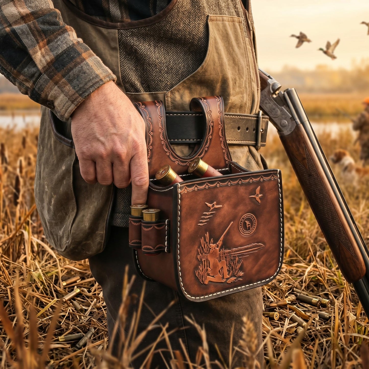 TOURBON Leather Shotgun Shell Pouch for Clay, Trap and Skeet Shooting