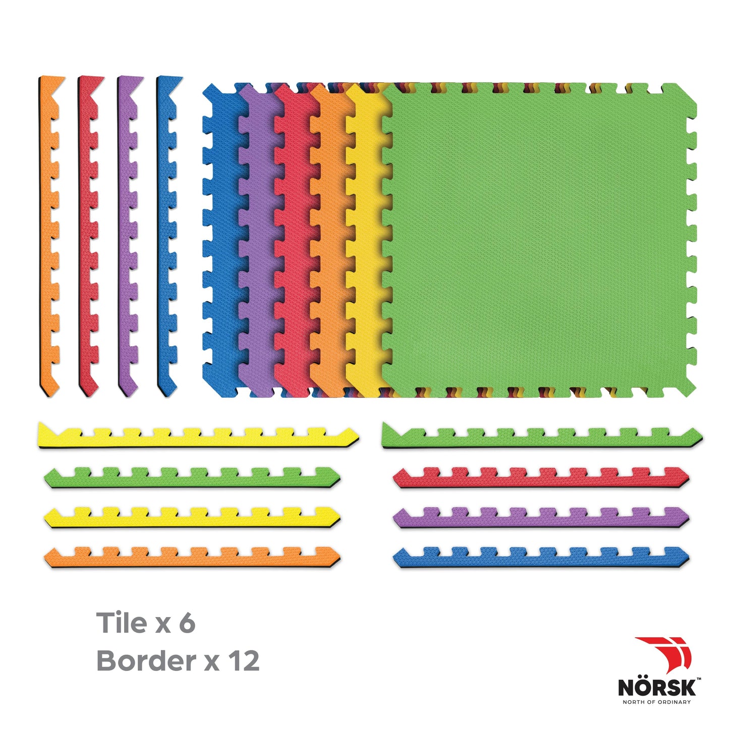 Norsk Dual-Sided Reversible 1/2" Foam Exercise Mats for Home Gym - Interlocking EVA Foam Tiles, 6 Tiles - 24 Sq. Ft. Rainbow Pack/Black