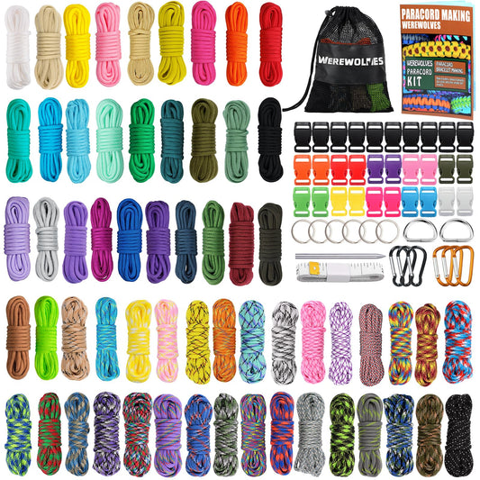 WEREWOLVES Paracord 550 Combo Crafting Kits with Instruction- 60 Colors 10ft Multifunction Paracord Ropes and Complete Accessories for Making Paracord Bracelets, Lanyards, Dog Collar (Lucky)