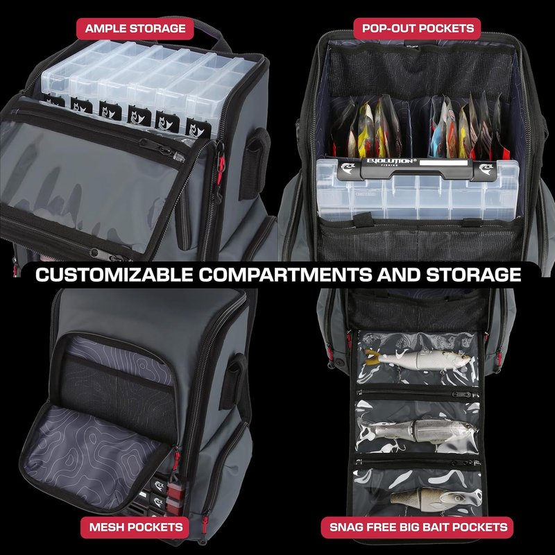 Largemouth Fishing Tackle Backpack - Modular Dividers & Rod Holders | Heavy Duty Design with Quiklatch Tackle Trays