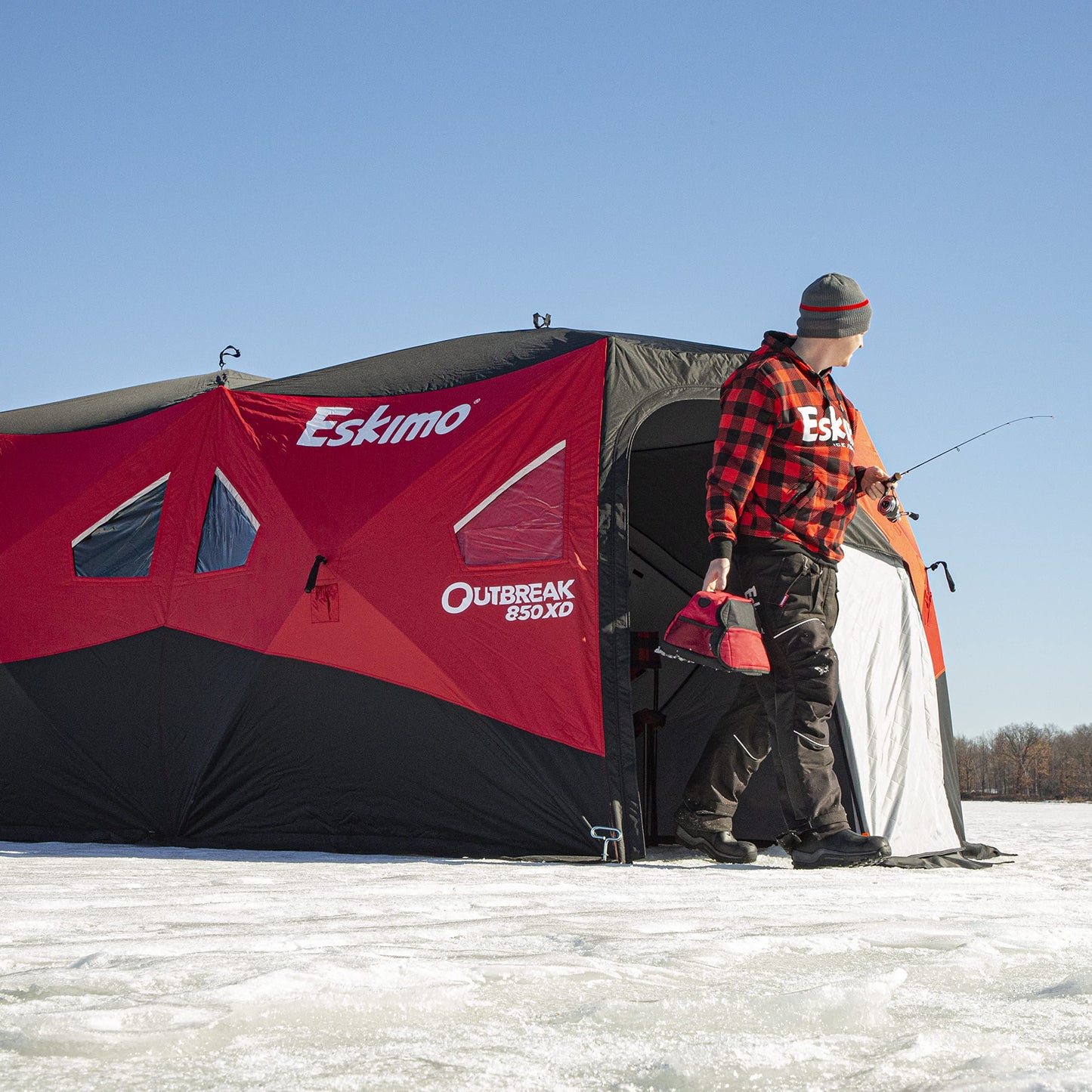 Eskimo Outbreak 850XD Pop-up Portable Insulated Ice Fishing Shelter, 114 sq ft. & 35600 Pistol Bit 8" Ice Auger Drill Adaptive Ice Auger Weighs only 3.9 Pounds, Centering Point