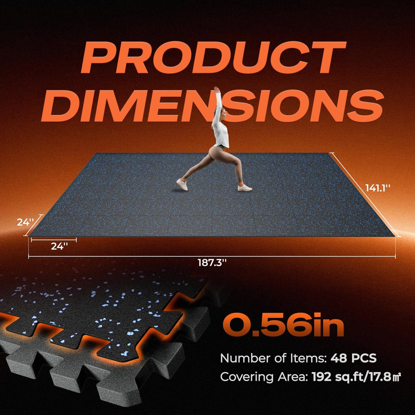 SUPERJARE 0.56'' Thick 48 Pcs 192 Sq Ft Rubber Top Exercise Equipment Mats, High Density EVA Foam Mats with Rubber Top, Interlocking Gym Flooring for Home Gym, Protective Workout Mat, Black/Blue
