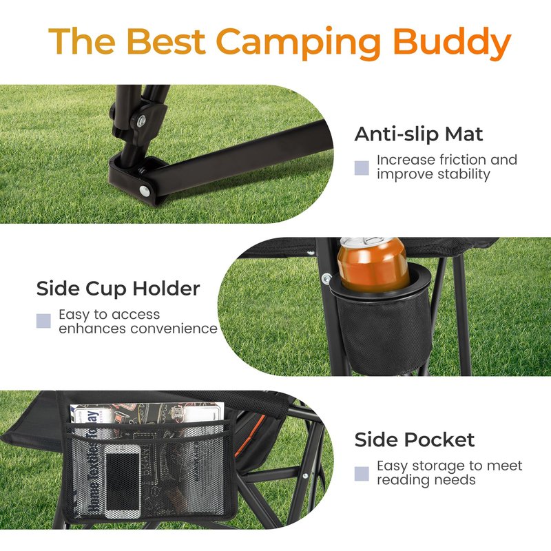 ALPHA CAMP Heavy Duty High Back Camping Chairs 500LBS Capacity Oversized Folding Chair Outdoor Chair with Headrest,Lawn with Side Pocket for Lawn, Sports and Fishing, Black,1PC