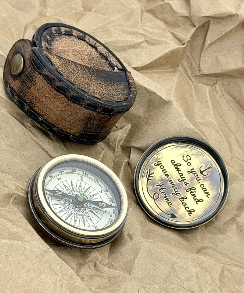 So You Can Always Find Your Way Back Home – Luxury Engraved Brass Pocket Compass with Leather Case – Anniversary Happy Gifts Graduation Gift for Men & Boys