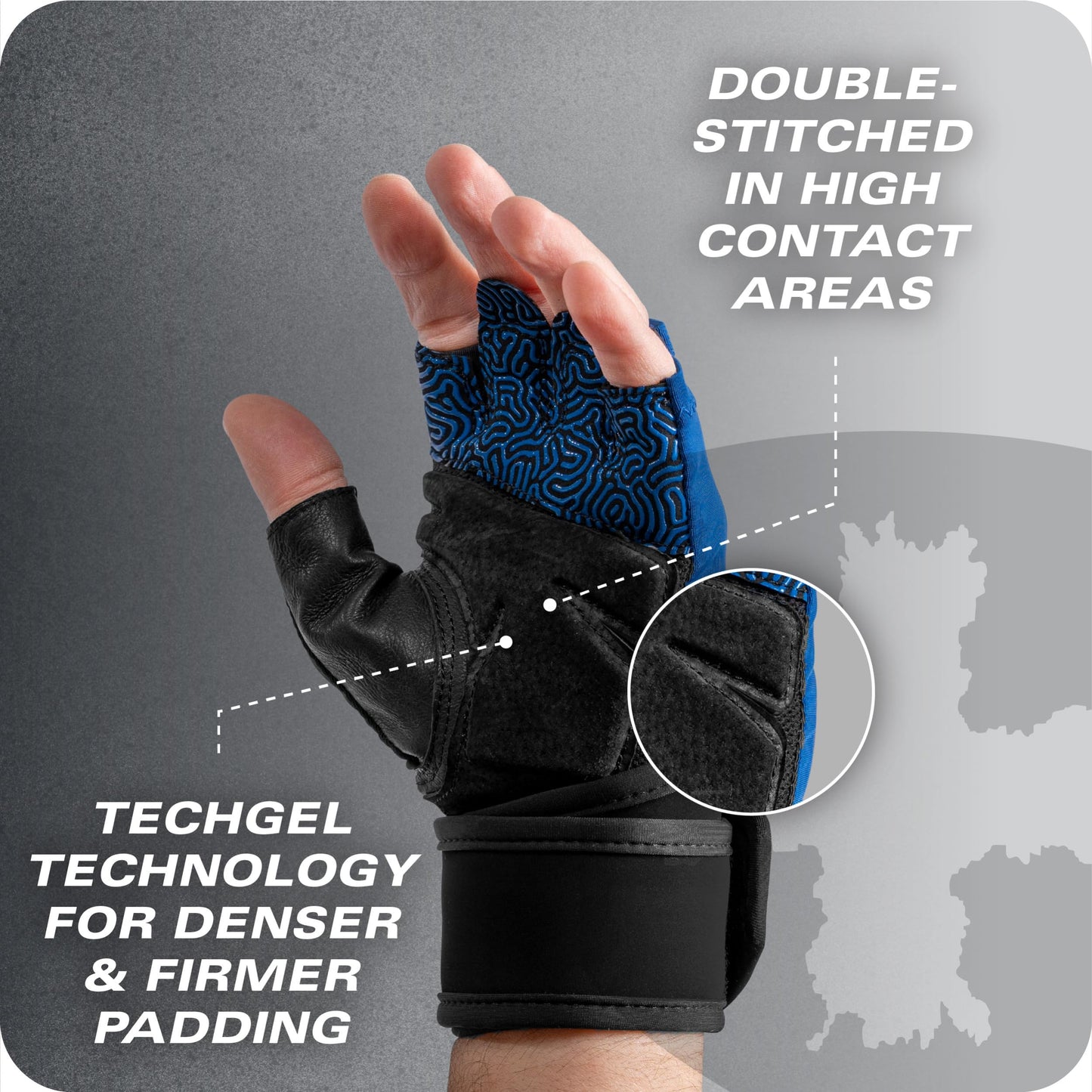 Harbinger Training Grip Wrist Wrap Gloves - Enhanced Grip & Wrist Support, Breathable Lycra Back, Padded Leather Palm, Half-Finger Design, Quick Pull Tabs, Ideal for Weightlifting, Blue, Large