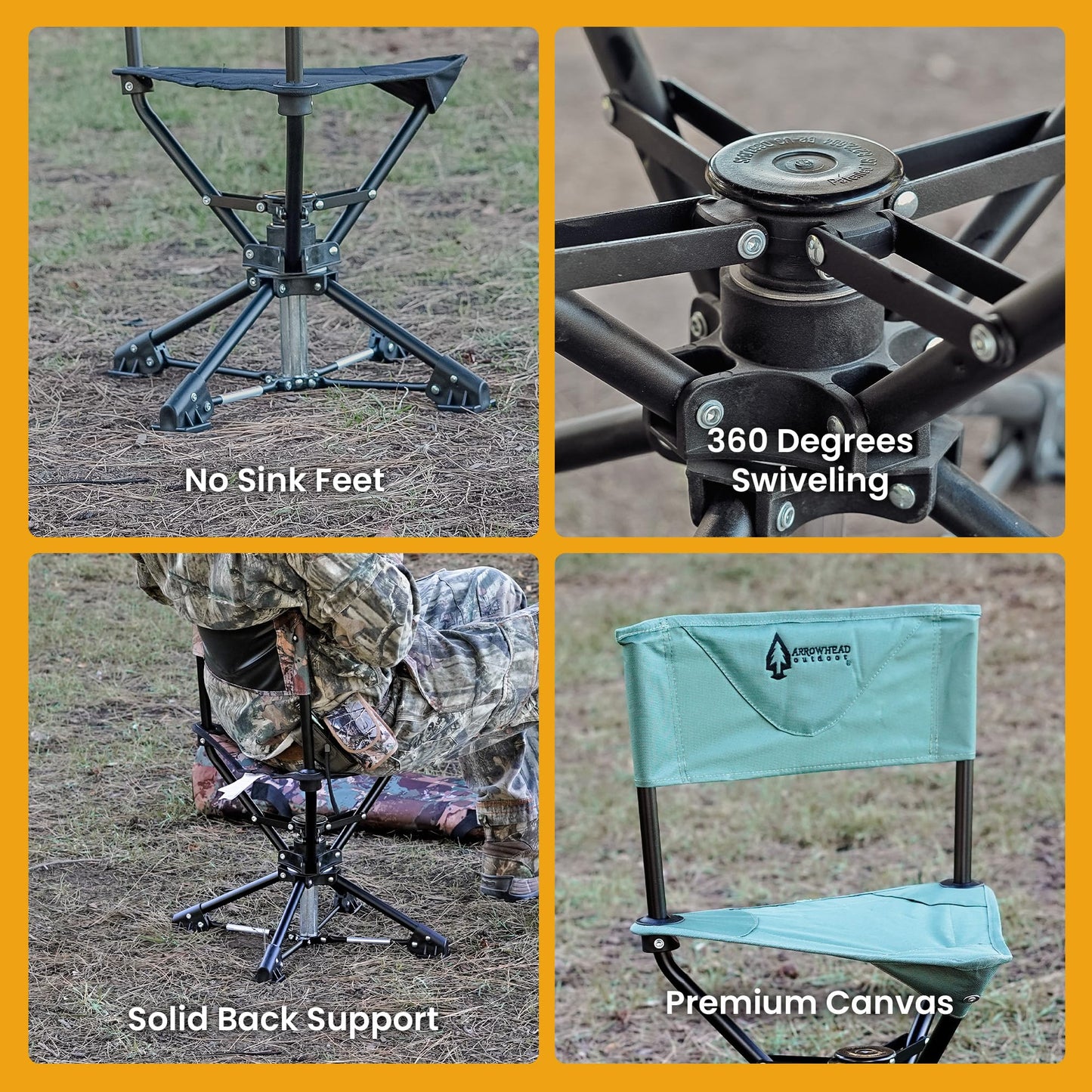 ARROWHEAD OUTDOOR 360° Degree Swivel Hunting Chair Stool Seat, Perfect for Blinds, No Sink Feet, Supports up to 450lbs, Carrying Case, Steel Frame, Fishing, High-Grade 600D Canvas