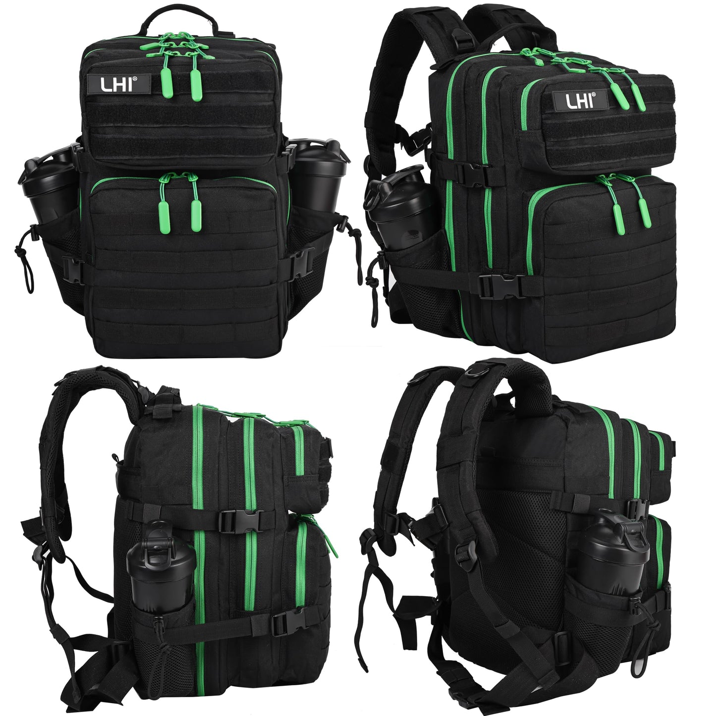 LHI Tactical Military Backpack for Men and Women 25L Army Assault Pack Bag Large Rucksack with Molle System-Black green zipper