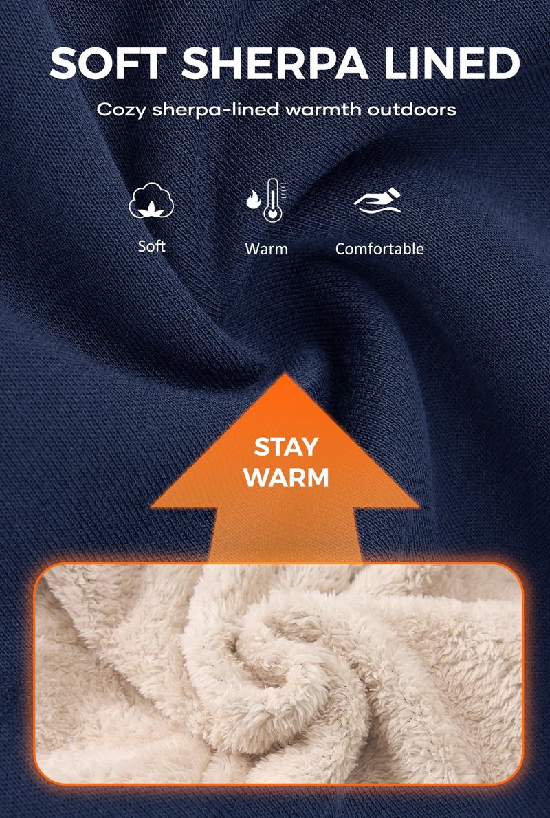 VOGSTART Men's Warm Casual Sweatpants New Deep Pockets Trousers Heavyweight Solid Classic Striped Thermal Lined Fleece Athletic Thick Stretchy Streetwear Sherpa Outdoor Joggers Navy L