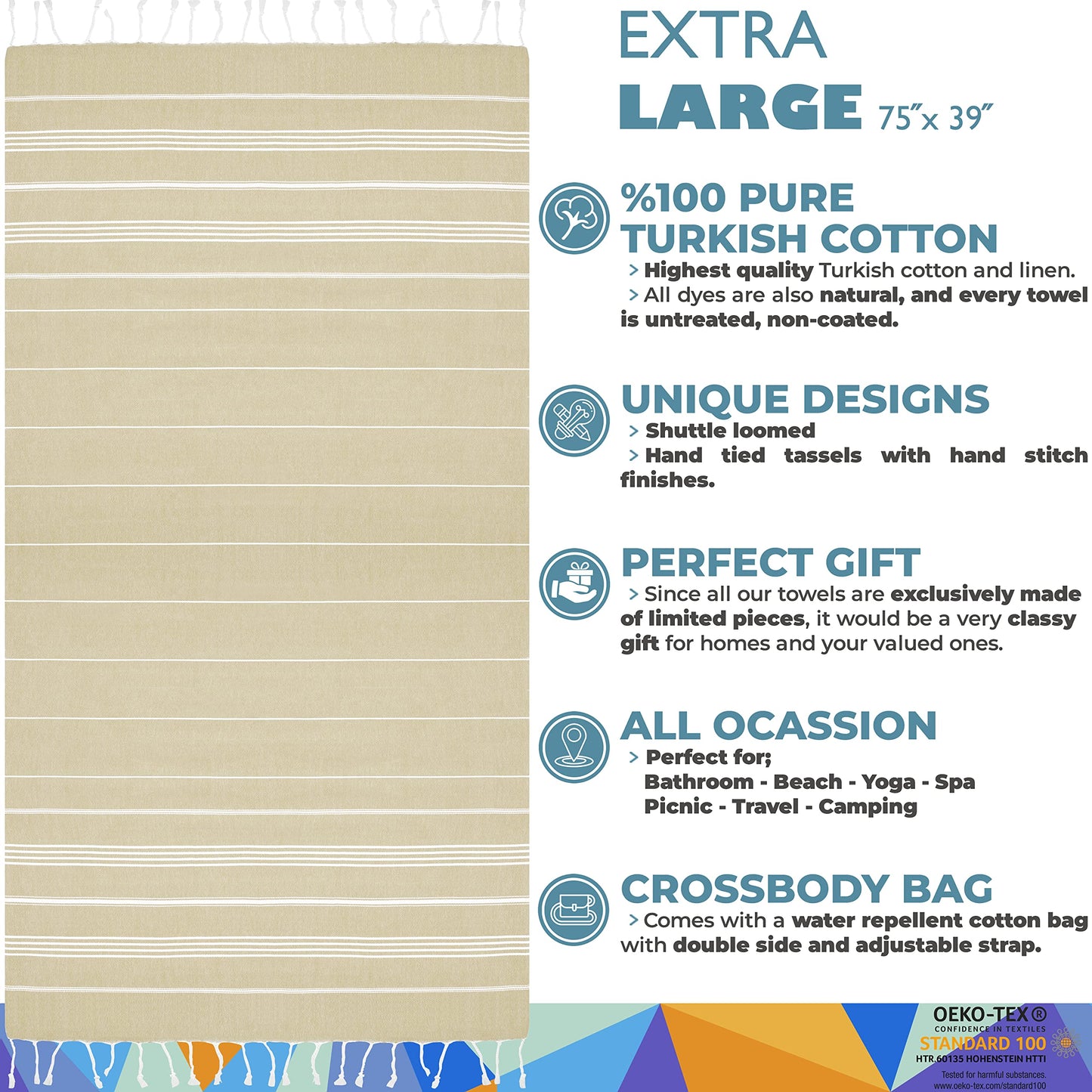 Madamelique Turkish Beach Towel with Beach Bag - 39 x 74 - Prewashed Beach Towels Oversized -%100Cotton - Quick Dry - Sand Free - Hand Loomed Turkish Bath Towels - Unique Absorbent Towel (Beige)