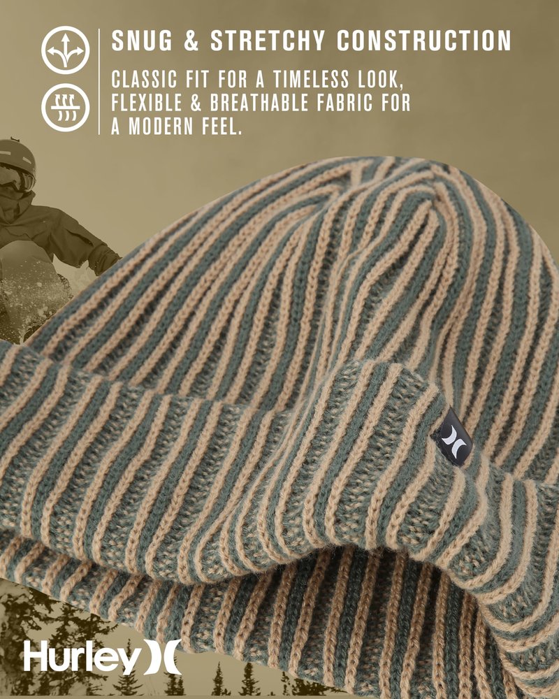 Hurley Mens Beanie - Two Tone Double Layered Cable Knit Acrylic Beanie for Men - Deep Fit Winter Hat Beanies for Men, Size One Size, Wheat
