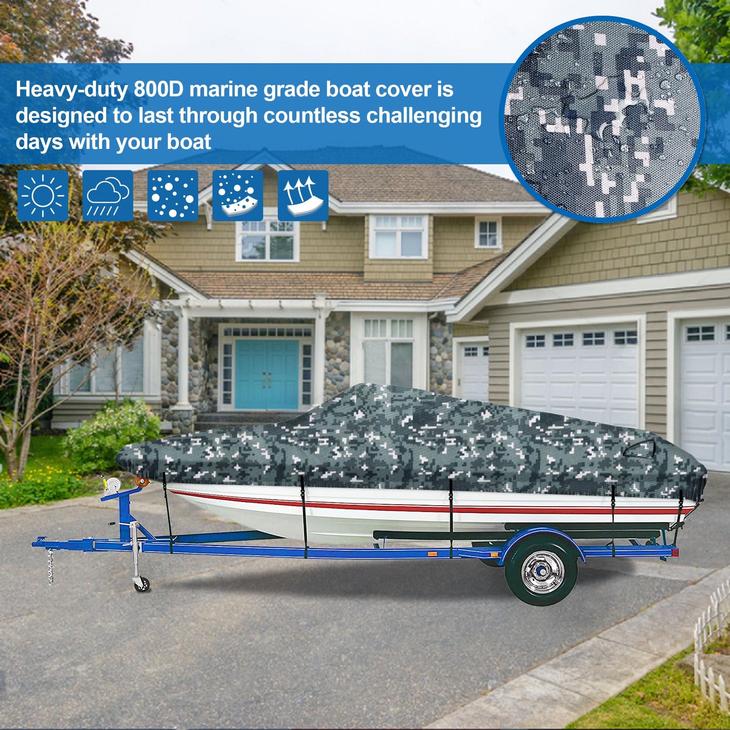 iCOVER Trailerable Boat Cover- 14'-16' 800D Water Proof Heavy Duty, Fits V-Hull, Fish&Ski, Pro-Style, Fishing, Utiltiy, Runabout, Bass Boats, up to 14ft-16ft Long and 68" Wide