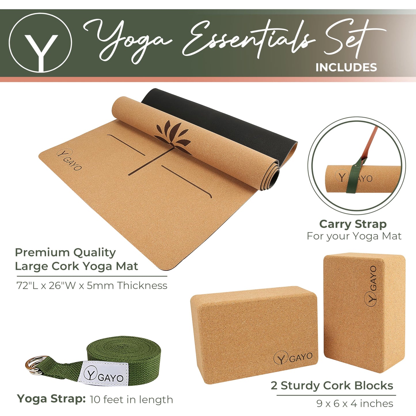 Premium Cork All-in-One Yoga Essentials Kit -Large Cork Yoga Mat and Blocks Set with Carry Strap and Alignment lines, 10ft Yoga Stretch Strap, Your Ultimate Eco-Friendly Yoga Starter Set