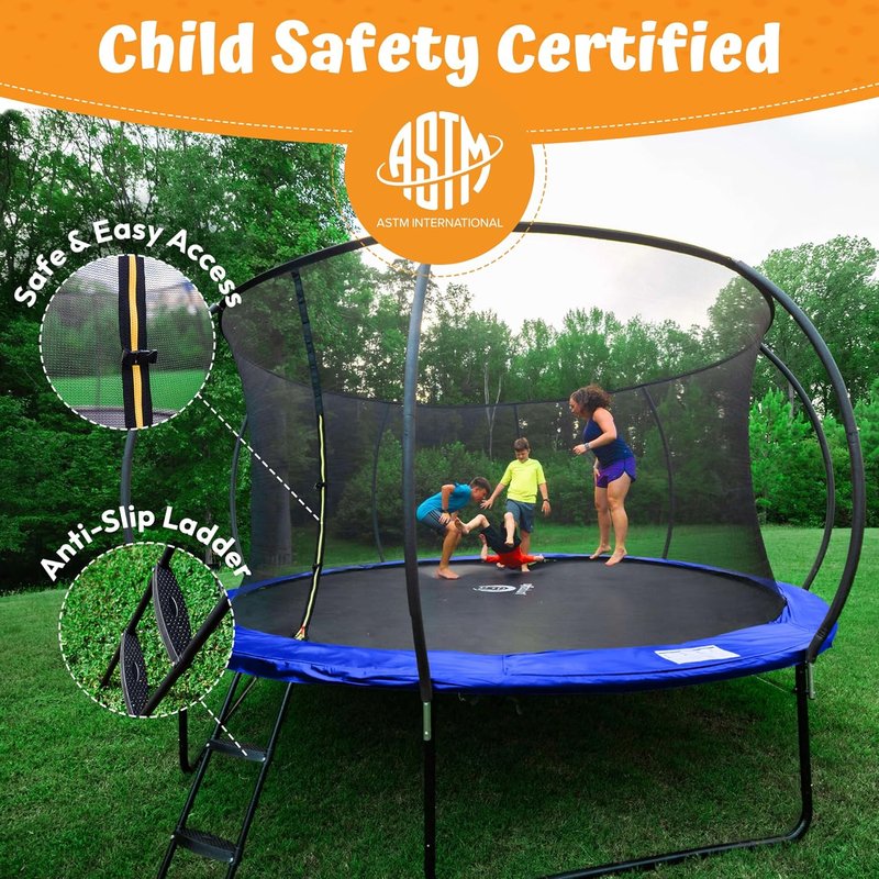 Outdoor Trampoline with Enclosure - 8FT to 16FT Sizes | Non-Slip Ladder & Anti-Rust Frame, ASTM Approved for Kids & Adults
