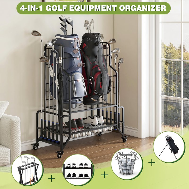 Fitpoint Golf Bag Storage Garage Organizer Golf Bag Stand Fits 2 Bags Extra Clubs Balls Shoes Golf Equipment Accessories Golf Storage Rack for Garage Club Shed
