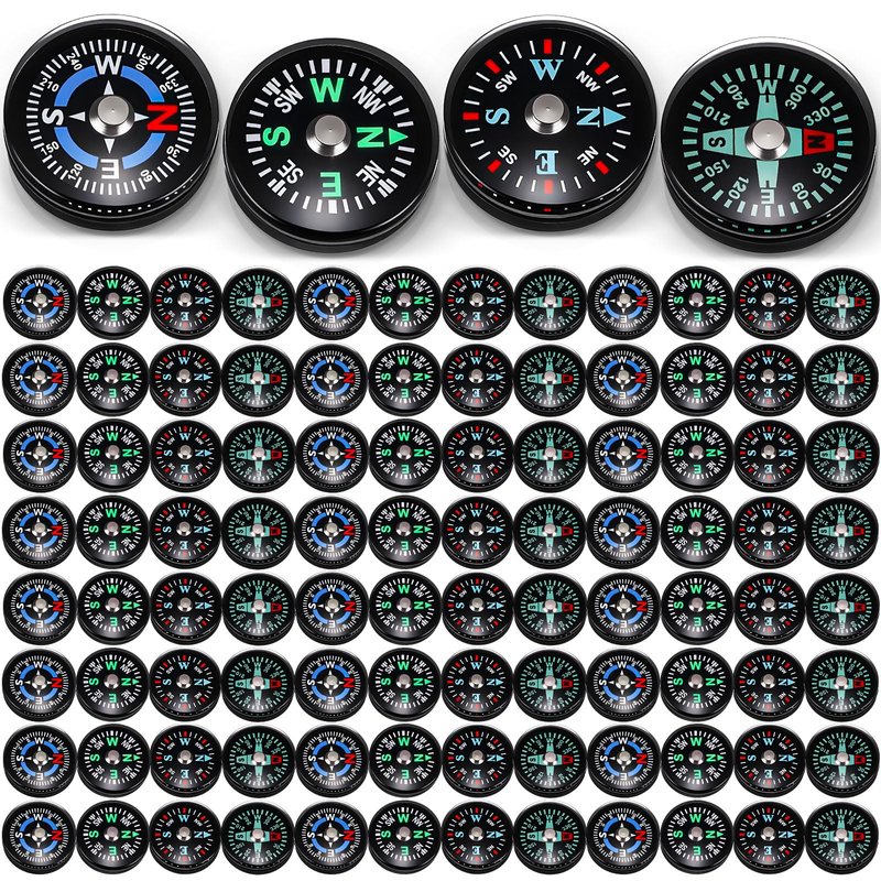 Relaxweex 100 Pcs Button Compass Bulk 20mm Mini Survival Compass Pocket Oil Filled Compass for Camping Hiking Boating Touring Outdoor Activities, 4 Styles