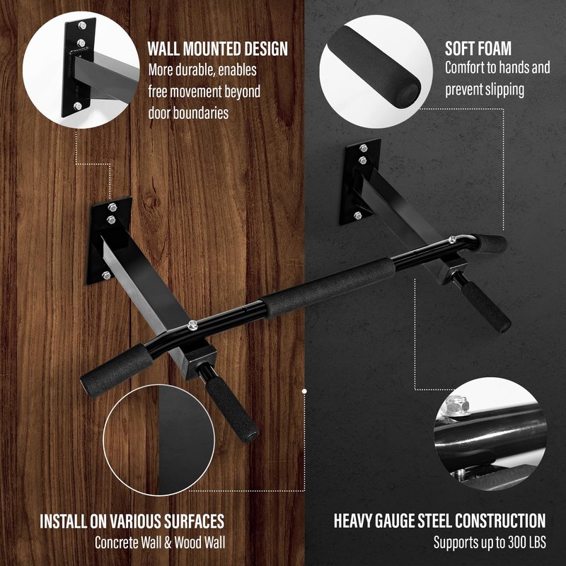 Yes4All Multifunctional Pull Up Bar Wall Mounted Capacity 300 Pounds - Black