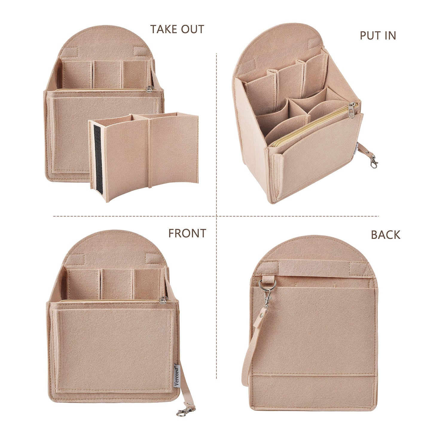 Vercord Felt Backpack Organizer Rucksack Insert Liner Inside Daypack Shoulder Bag Beige Small