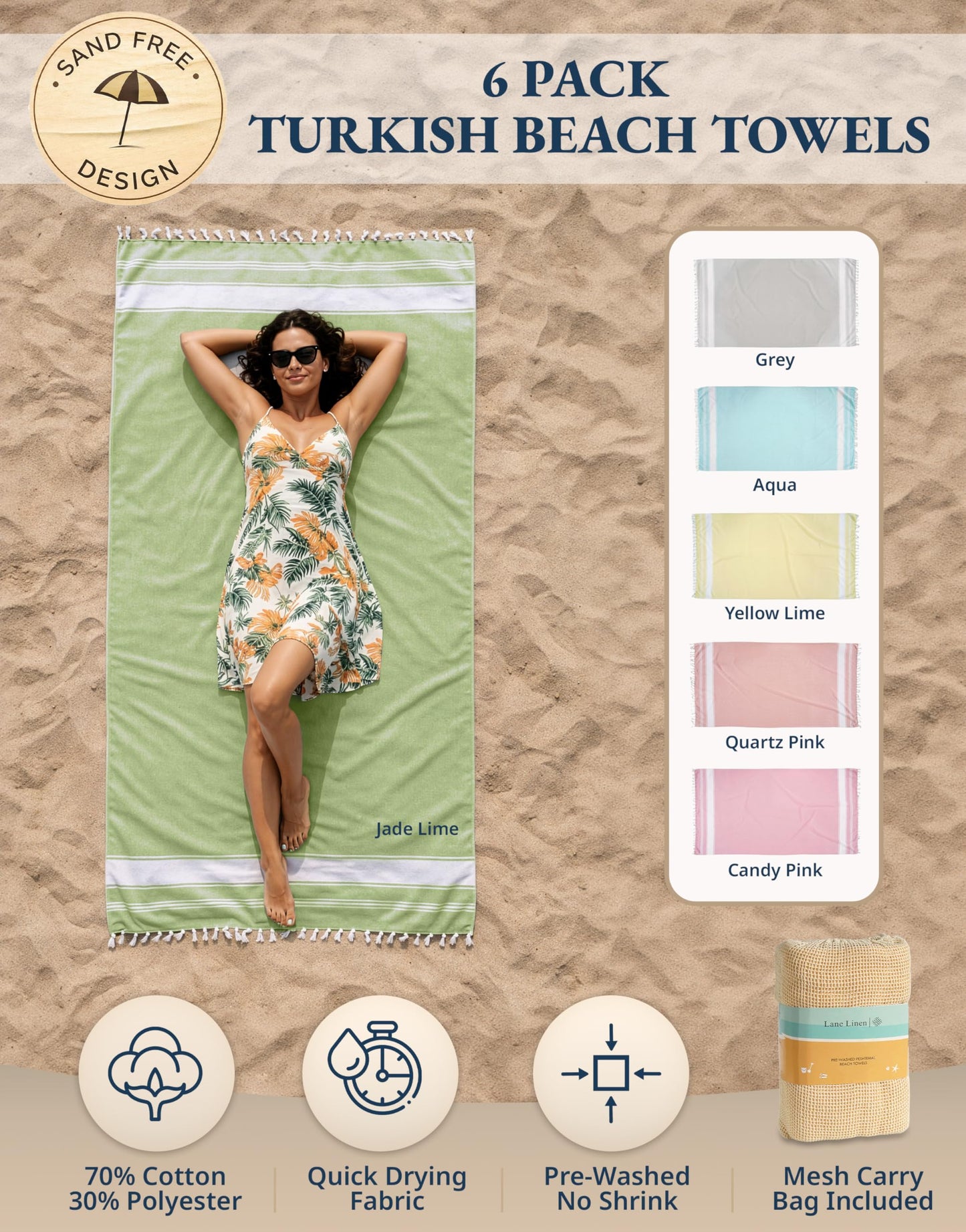 LANE LINEN 6 Pack Turkish Beach Towels, Oversized, 39"x71" - Beach Party