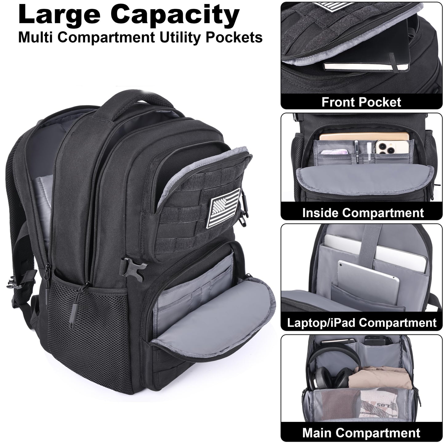 MOZETO 17 Inch Laptop Backpack, Large Tactical Inspired Travel Bag (Black)