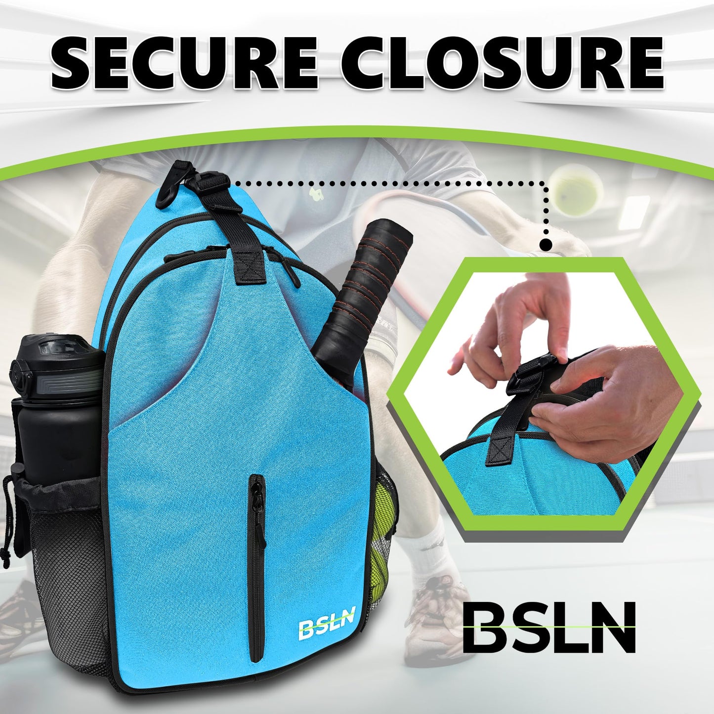 BSLN Pickleball Bag - Pickleball Bags for Women Men, Crossbody Sports Backpack – Adjustable Sling Bag with Hanging Fence Hook(Blue)