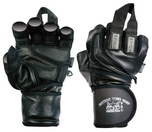 Epic Leather Gym Gloves with Built in 2" Wide Wrist Wraps Best Grip & Design for Weightlifting Power Lifting Bodybuilding & Strength Training Workout Exercises (Black, Large 8 1/8" - 8 1/2")
