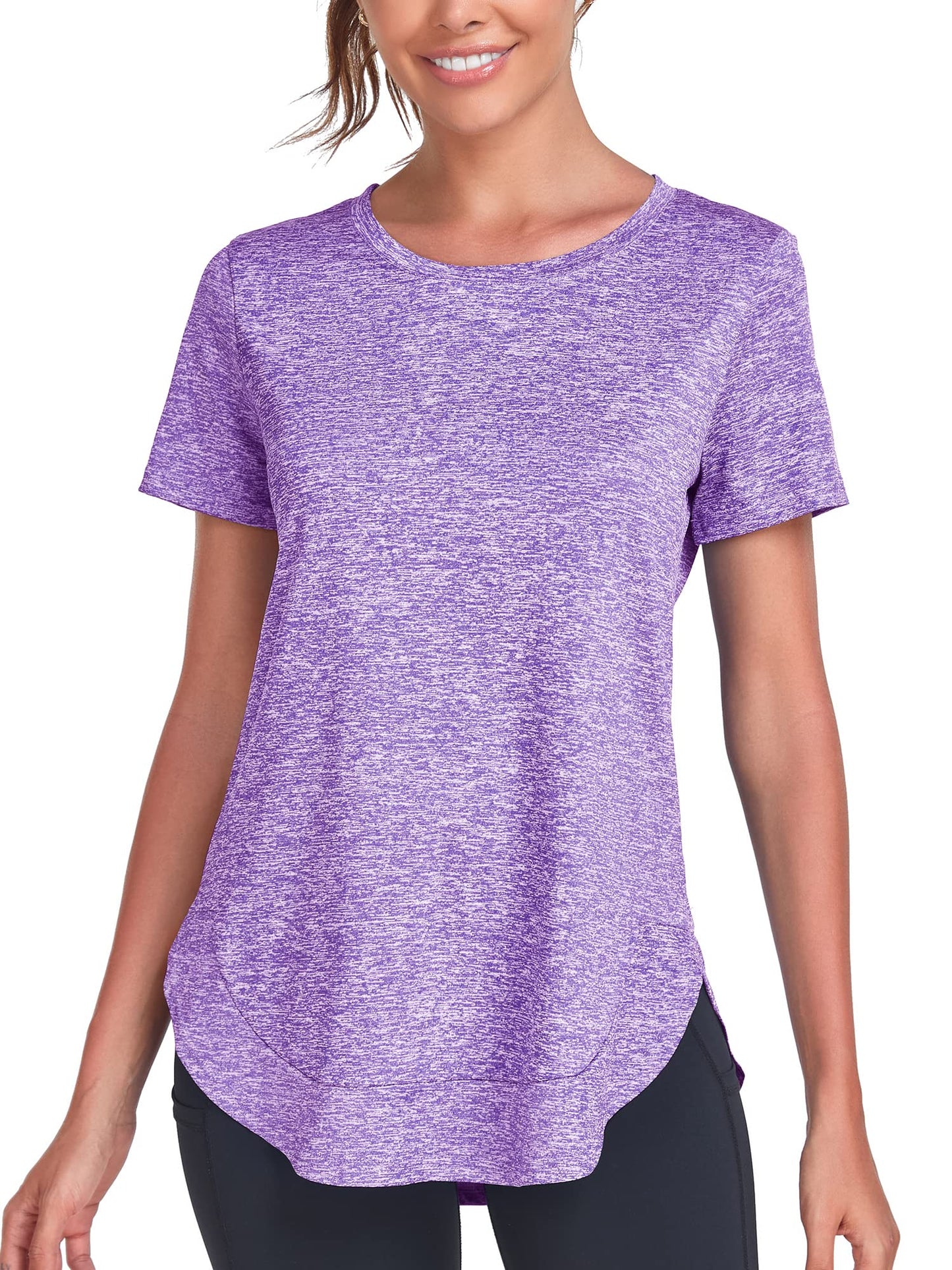 Absttith Short Sleeve Workout Tops for Women Athletic Casual Shirts Quick Dry Gym Soprt Tee Side Split Purple Large