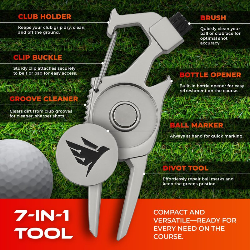 SWIFTEE Golf Divot Pitch Mark Repair Tool 7-in-1 - Club Holder, Brush, Clip Buckle, Groove Cleaner, Bottle Opener, Ball Marker, Divot Tool - Gift Box Included (Matte Black)